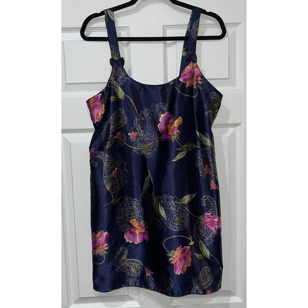 Vintage Nightgown Womens Small Blue Floral Satin Lingerie Chemise Negligee Dress